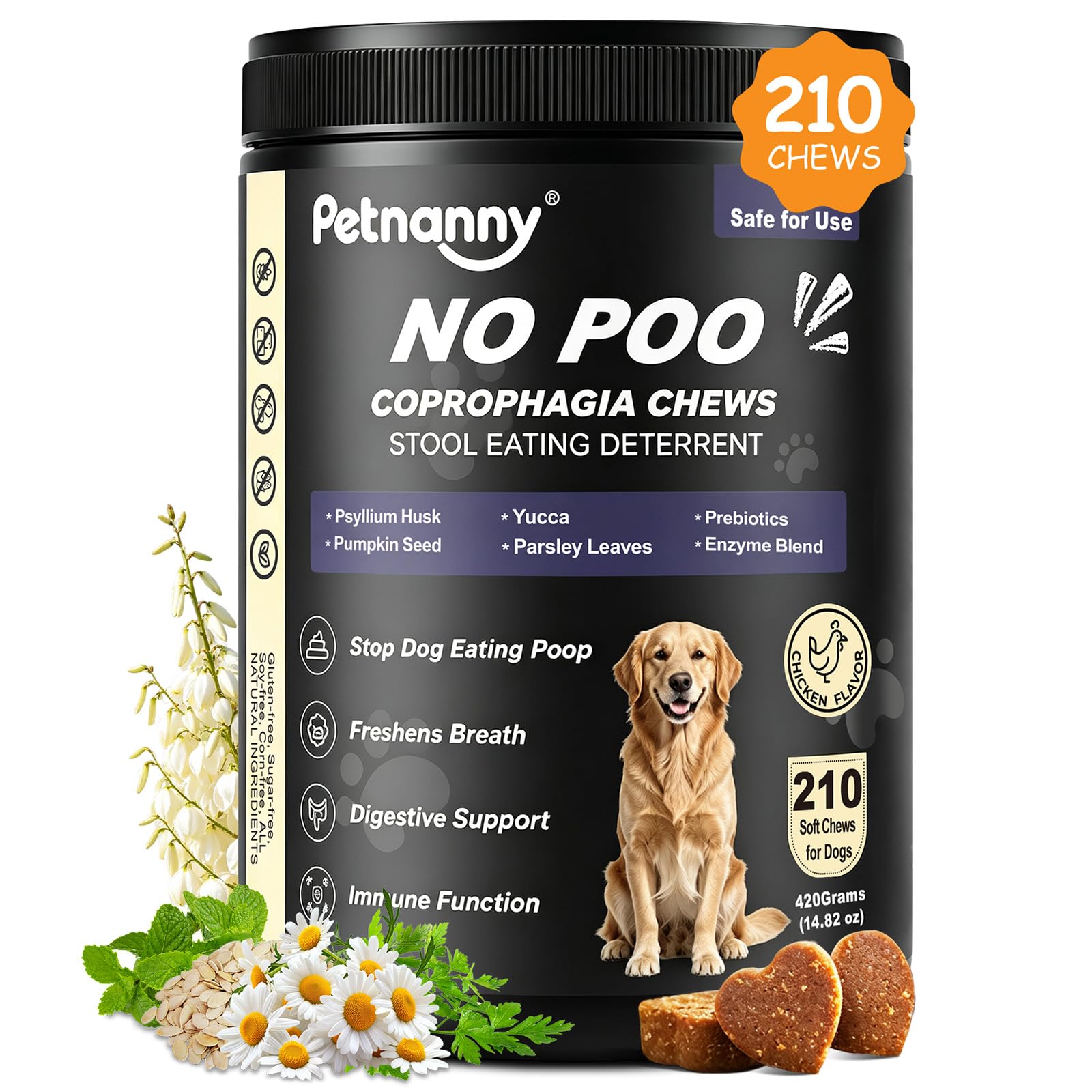 Petnanny emballage avant montrant le produit et avantage anti-coprophagie