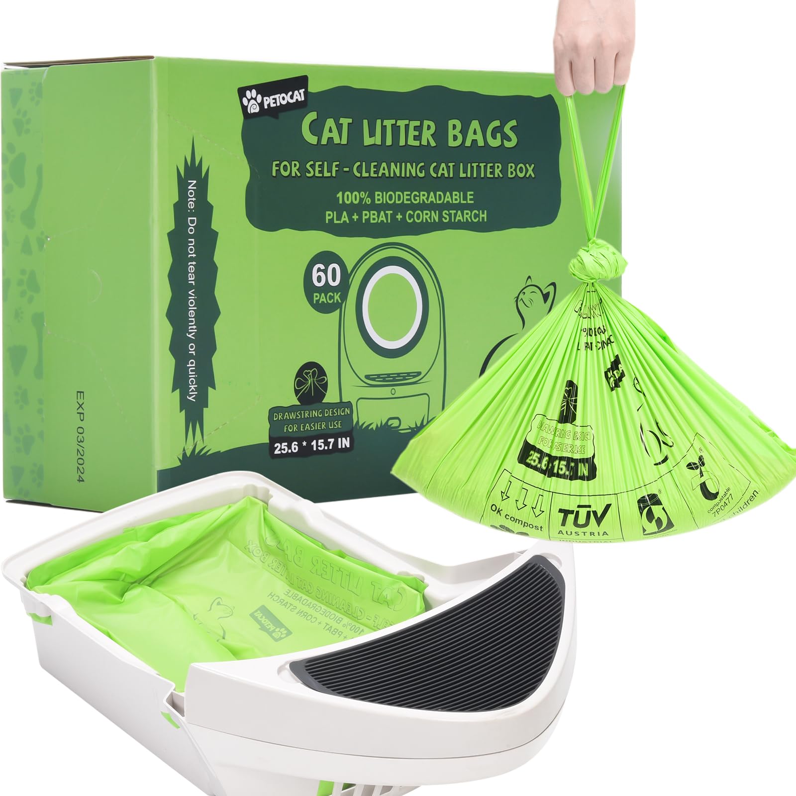 PETOCAT boîte 60 sacs biodégradables, stockage propre et pratique