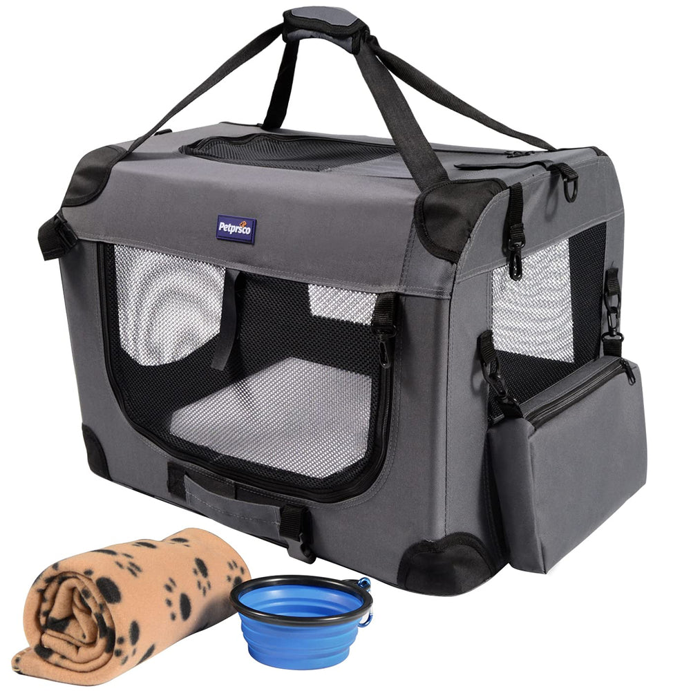 Petprsco vue avant de la cage pliable montrant portes et poignée pour transport facile