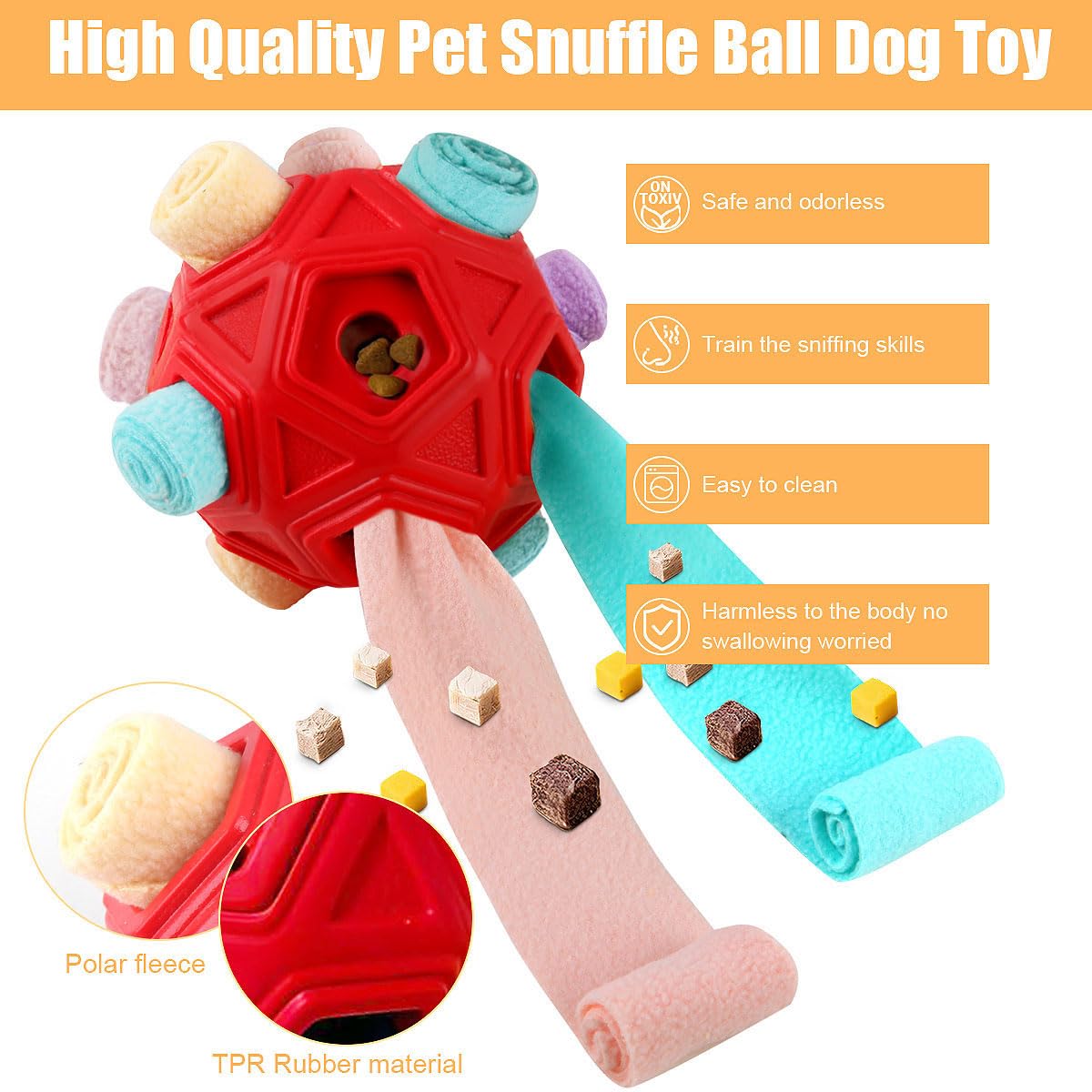Petration snuffle ball gros plan bandes de tissu facilitant cachette friandises
