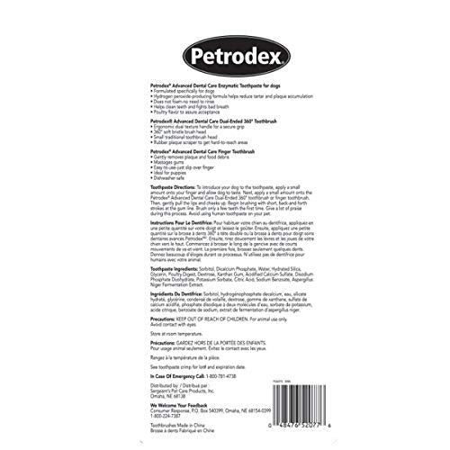 Tube Petrodex dentifrice saveur volaille présenté pour attrait et acceptation canine