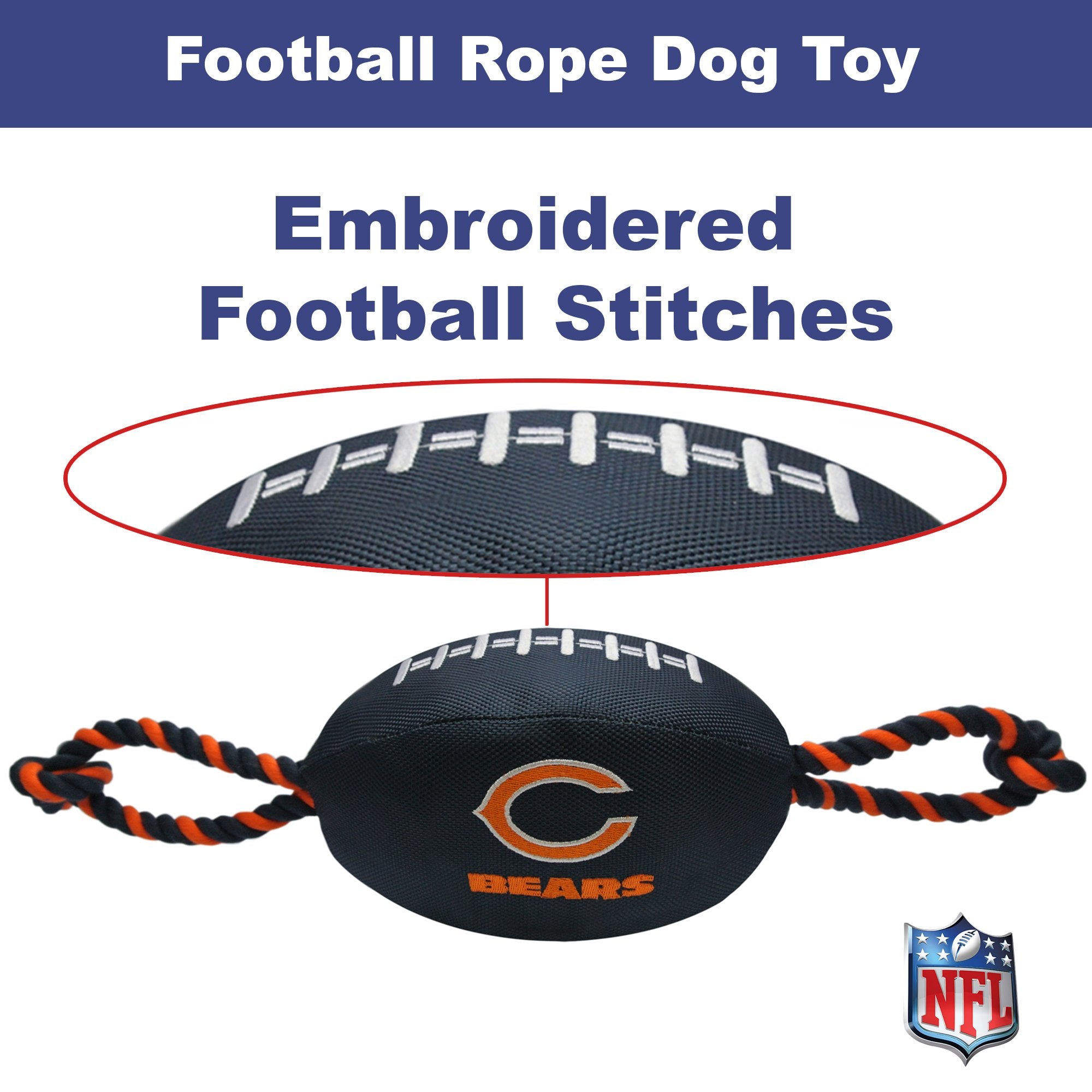 Logo tissé Pets First sur le jouet Chicago Bears mettant en valeur l'identité d'équipe authentique