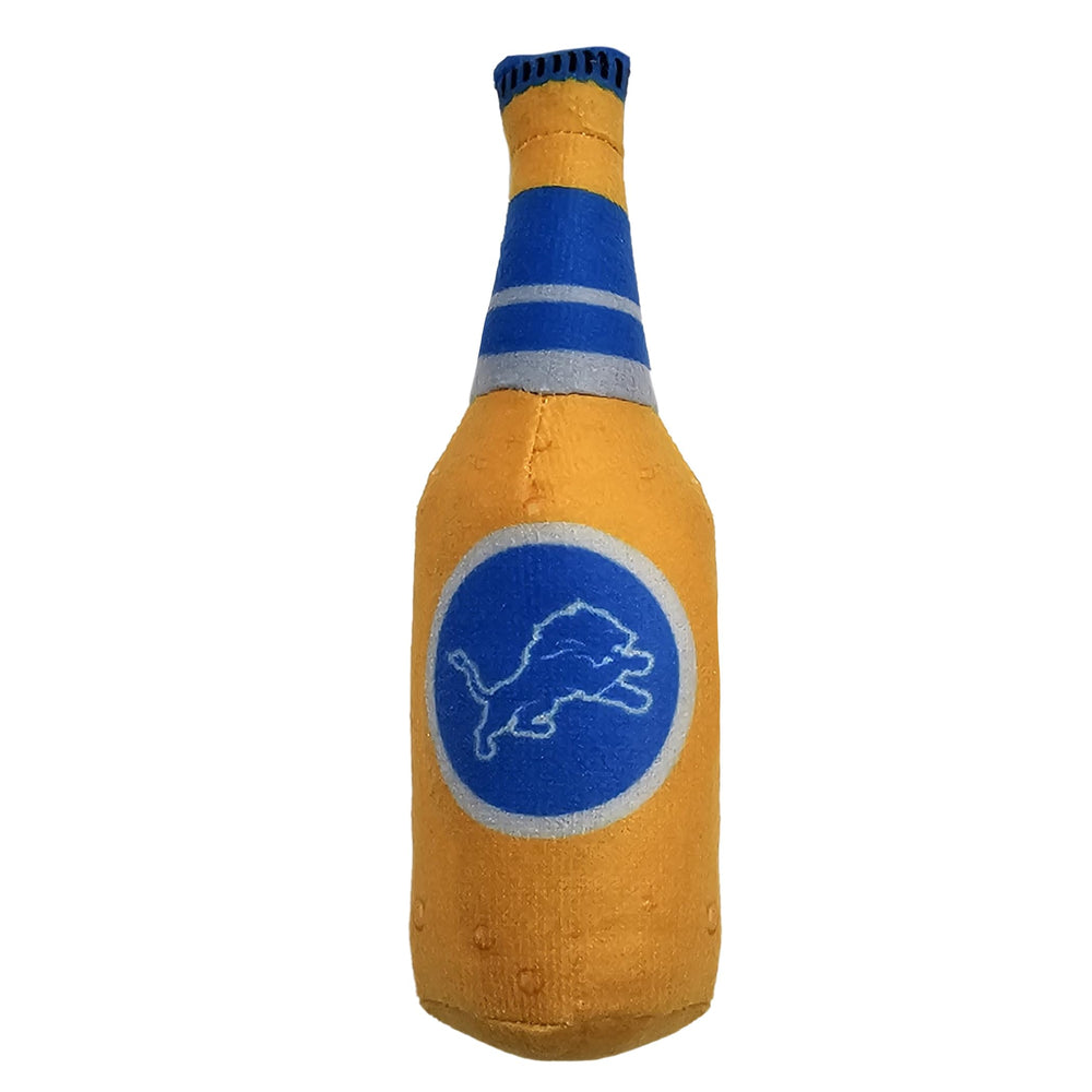 Mini bouteille Pets First Detroit Lions posée près d'une règle pour l'échelle pratique