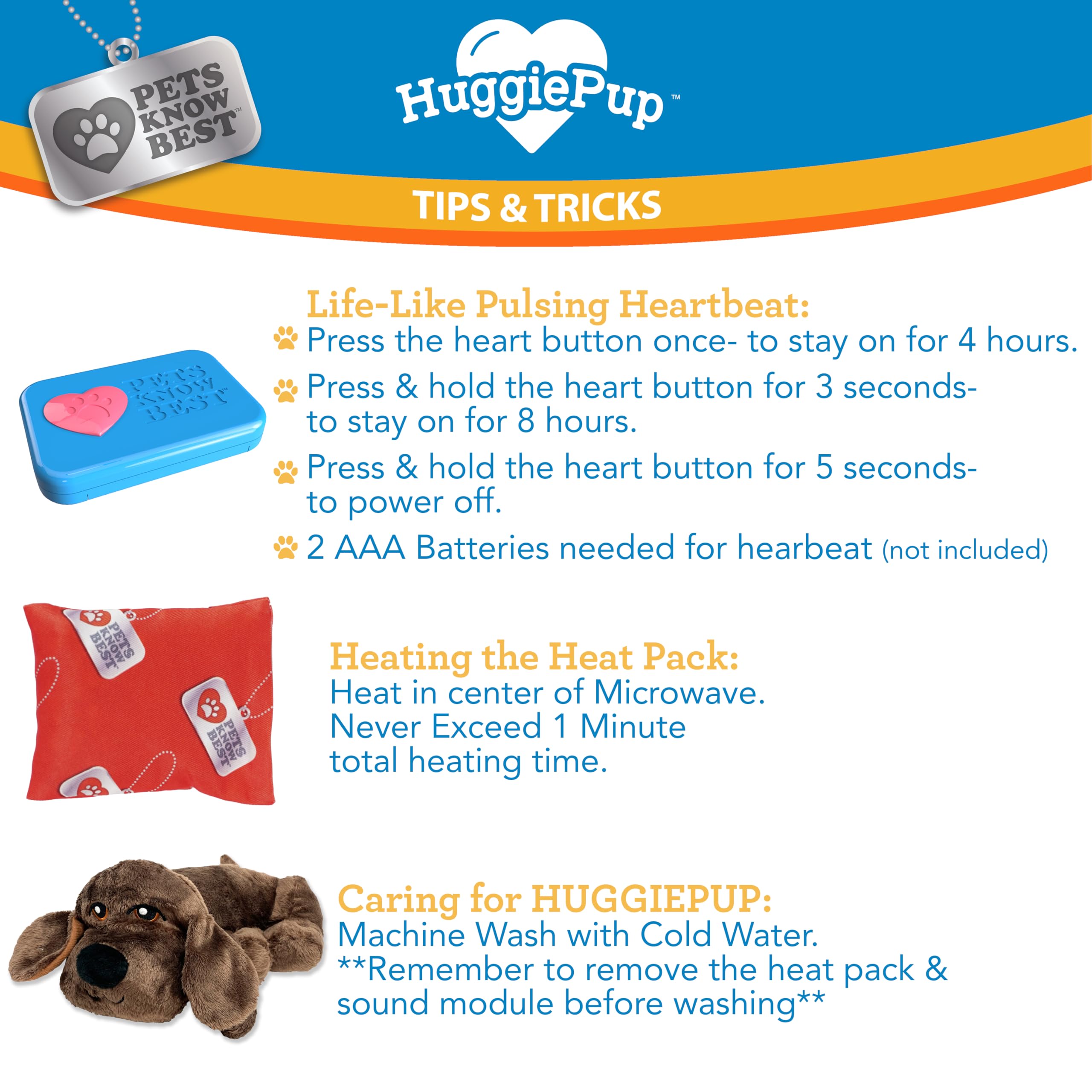 Pets Know Best HuggiePup étiquette et fermeture montrant facilité d'entretien