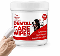 Pets & Pupps paquet avant montrant 50 lingettes, rangement pratique pour voyages