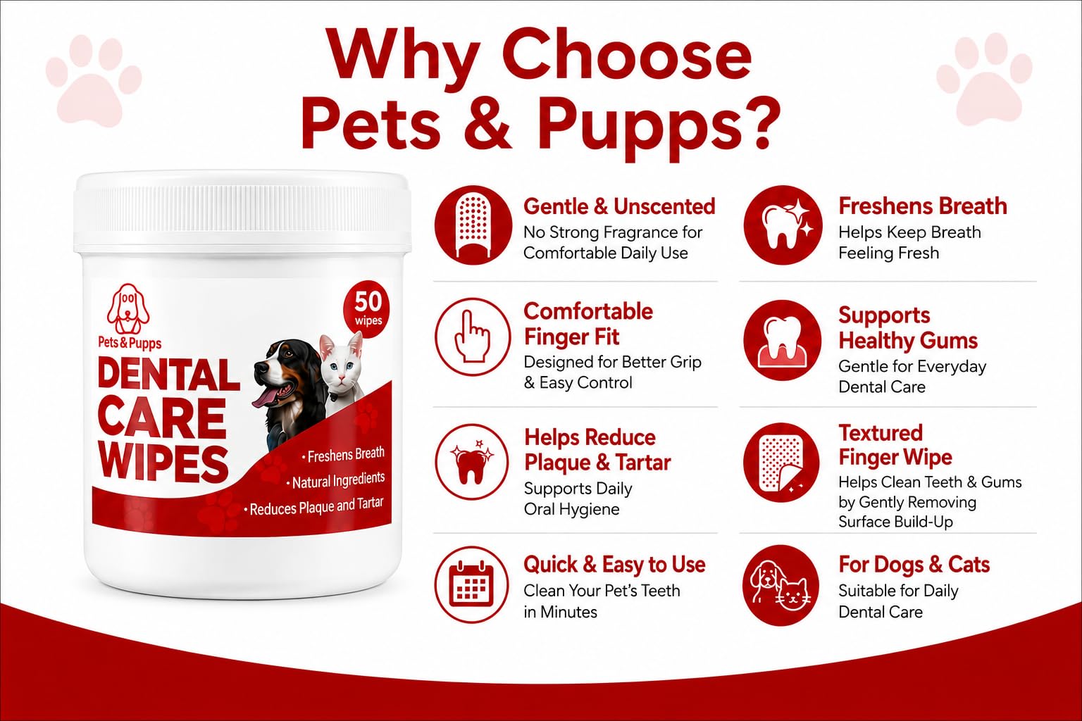 Pets & Pupps lingette utilisée sur chat, apaise gencives et rafraîchit haleine