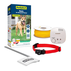 PetSafe vue avant du système installé montrant l'émetteur et le fil, sécurité discrète