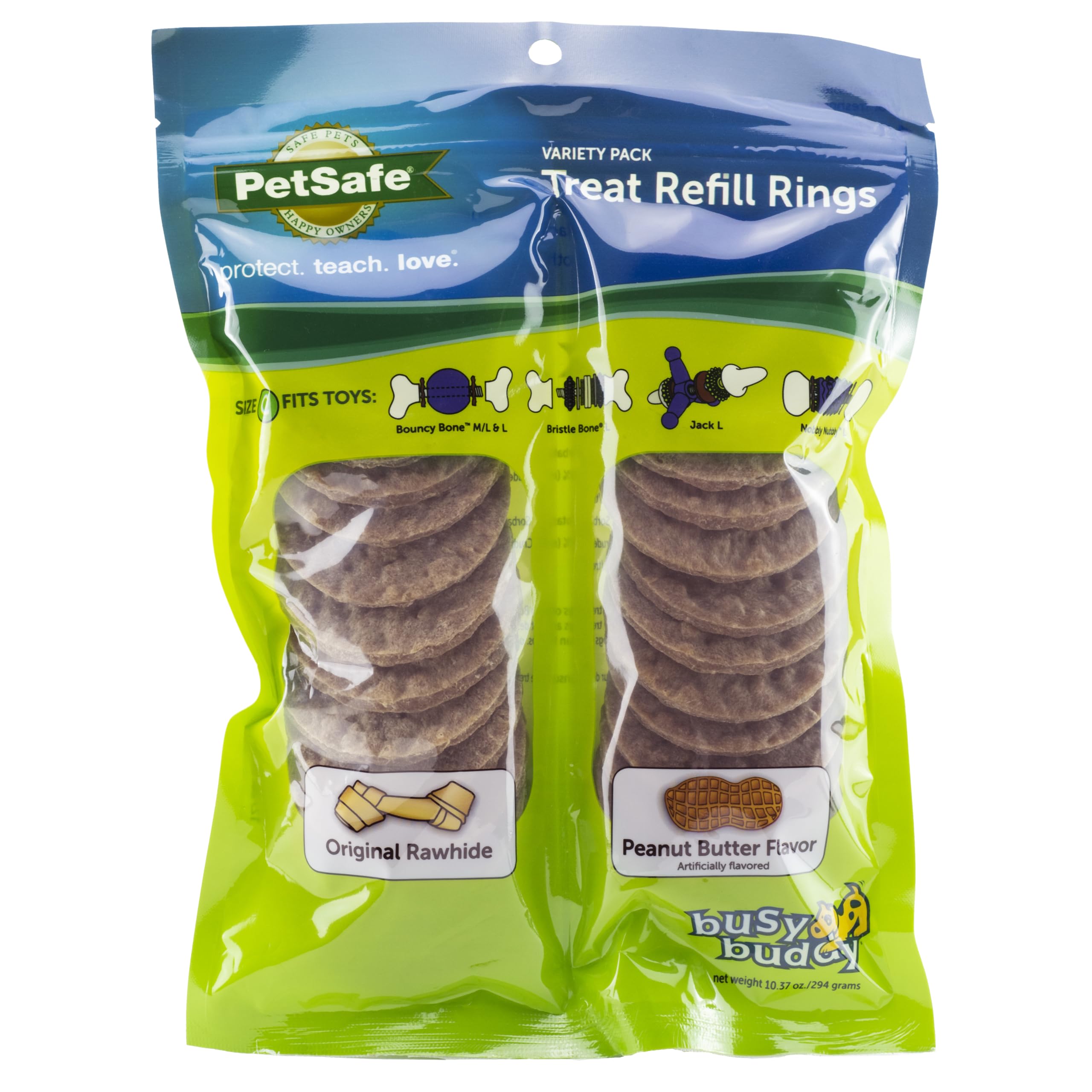 PetSafe aperçu frontal du paquet d'anneaux de friandise montrant 24 pièces et bénéfice praticité