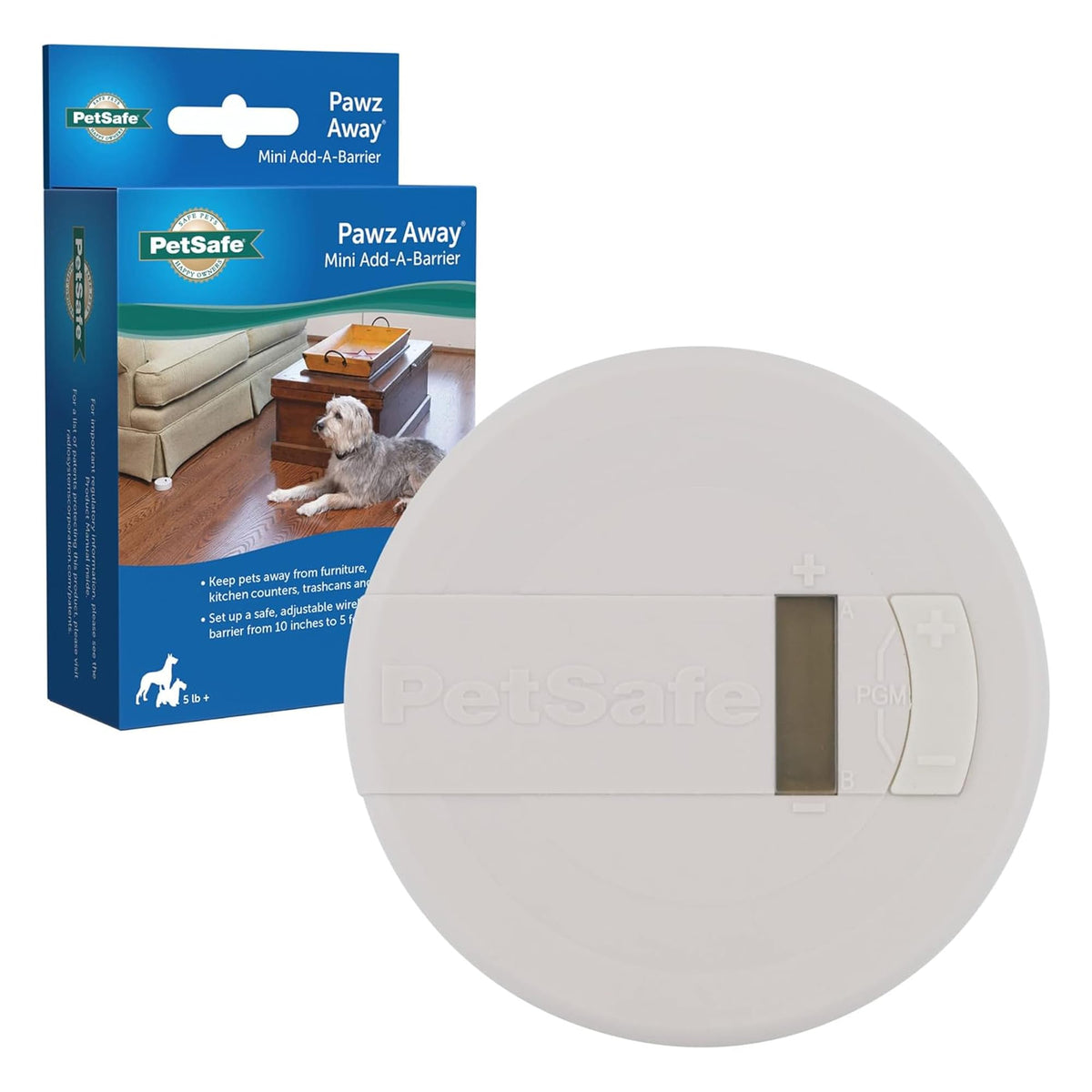 PetSafe Pawz Away vue avant montrant l'émetteur compact et ses contrôles utiles