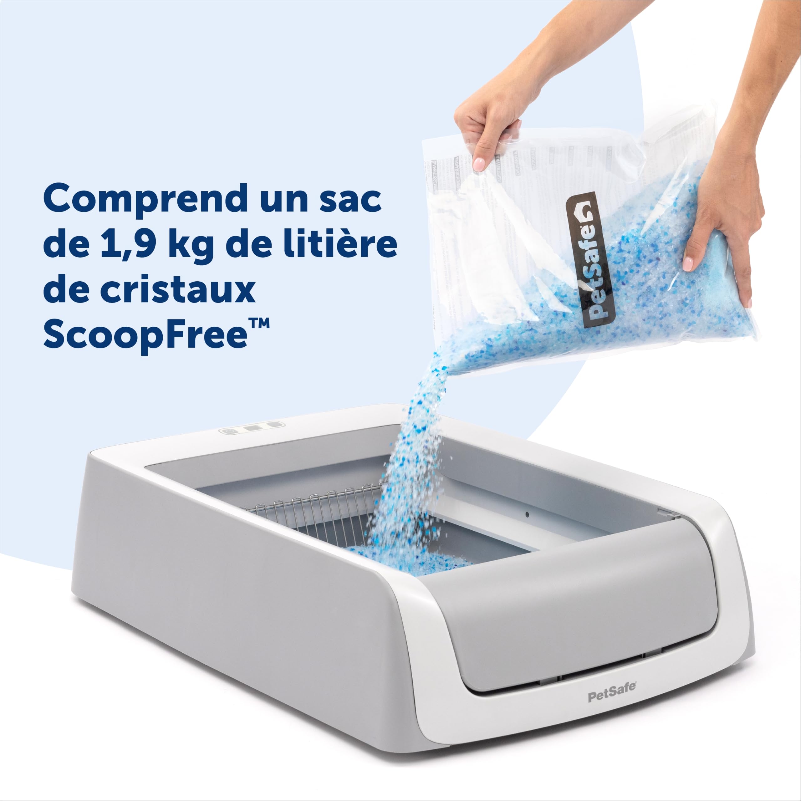 PetSafe sachet de 4,3 lb de cristaux Blue montrant contrôle avancé des odeurs