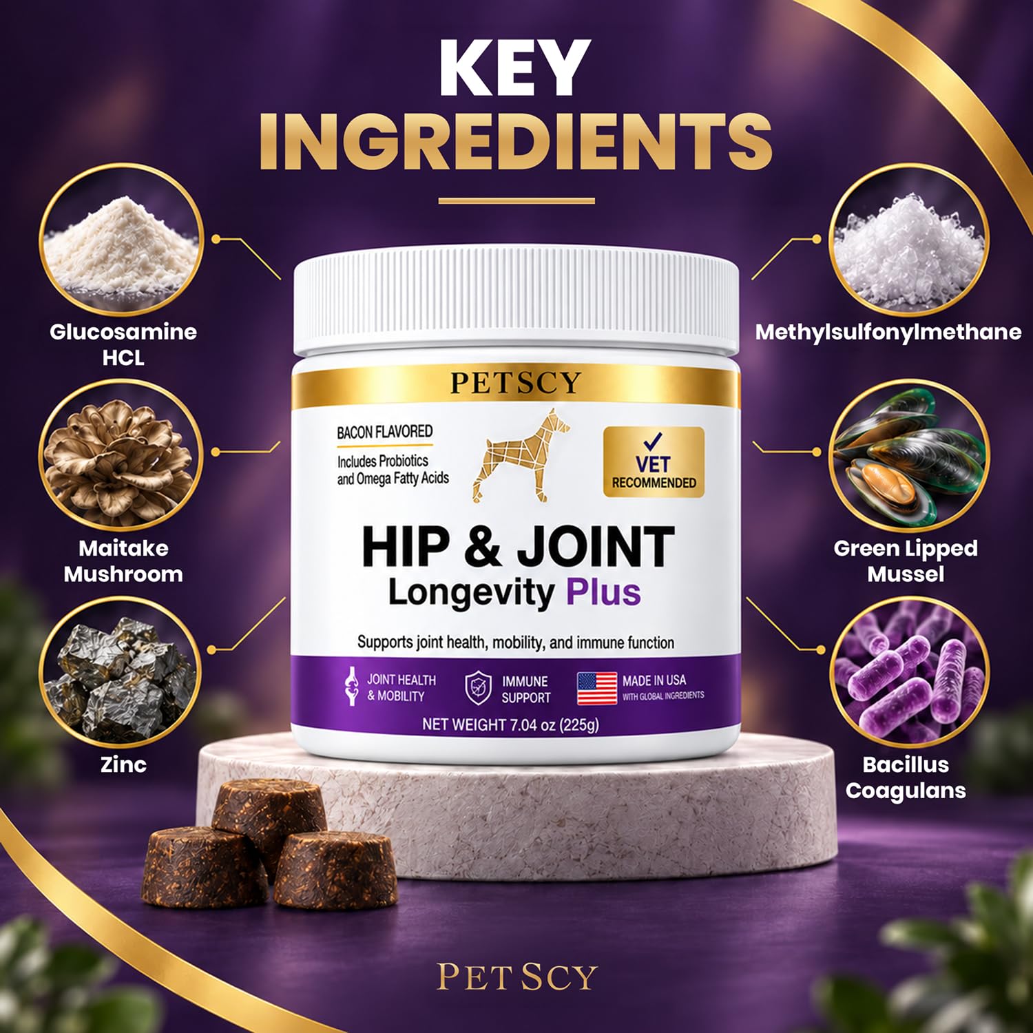 Petscy étiquette lisible listant glucosamine, MSM et mélange immunitaire
