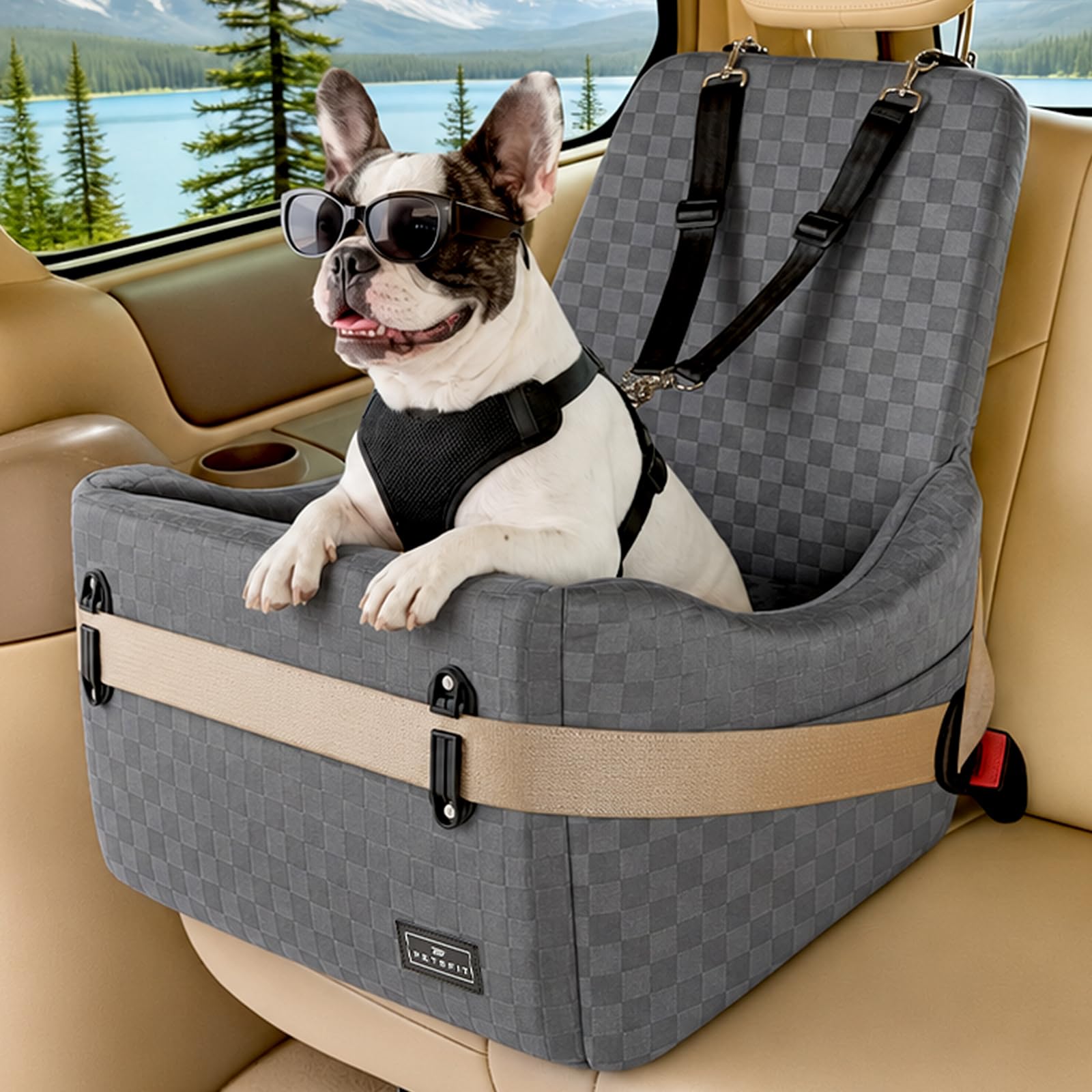 Petsfit siège auto face avant montrant fixation sécurisée et confort