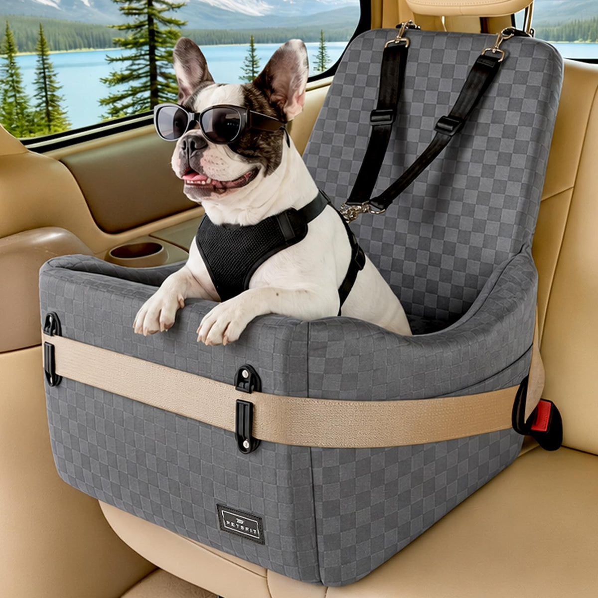 Petsfit siège auto face avant montrant fixation sécurisée et confort