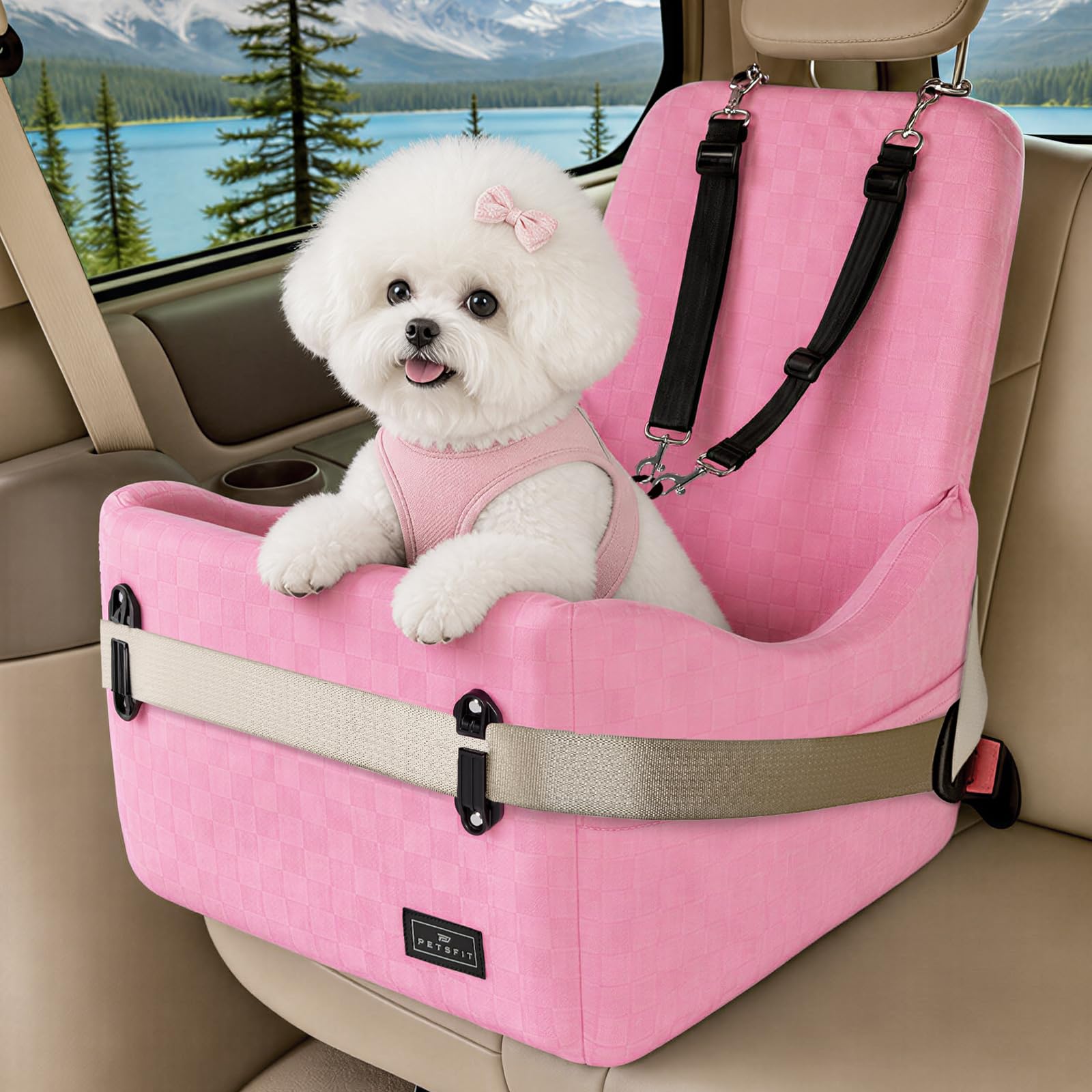 Petsfit siège auto rose montrant l'avant et maintien sécurisé