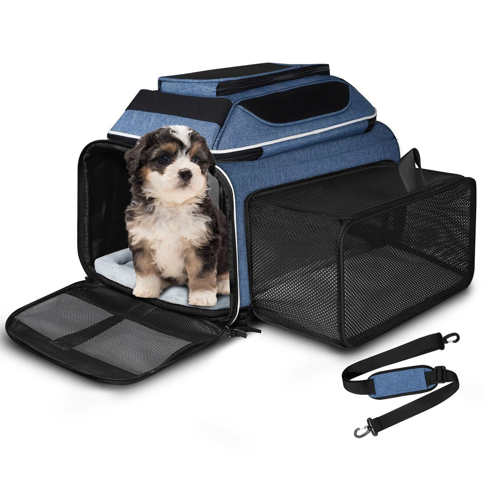 Petskd sac face avant bleu montrant ouverture et poignée, transport pratique et sécurisé