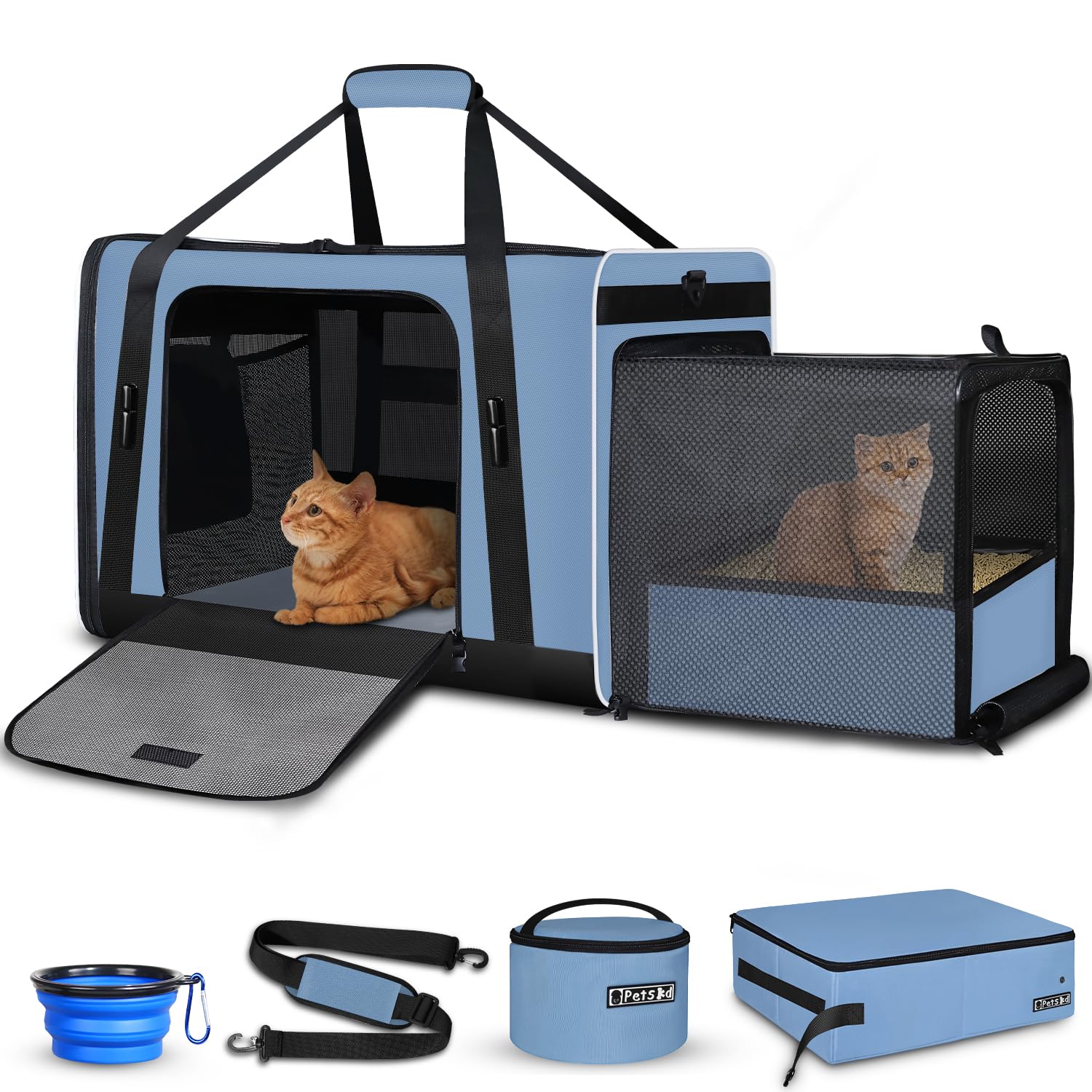 Petskd vue avant du porte-chat bleu montrant taille et poignée, stabilité renforcée