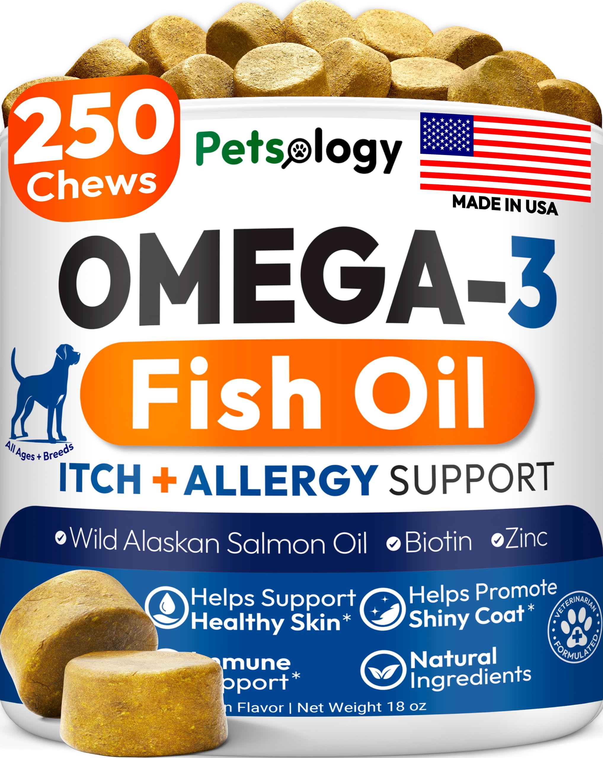 Petsology oméga3 emballage avant montrant la quantité et l'usage bénéfique
