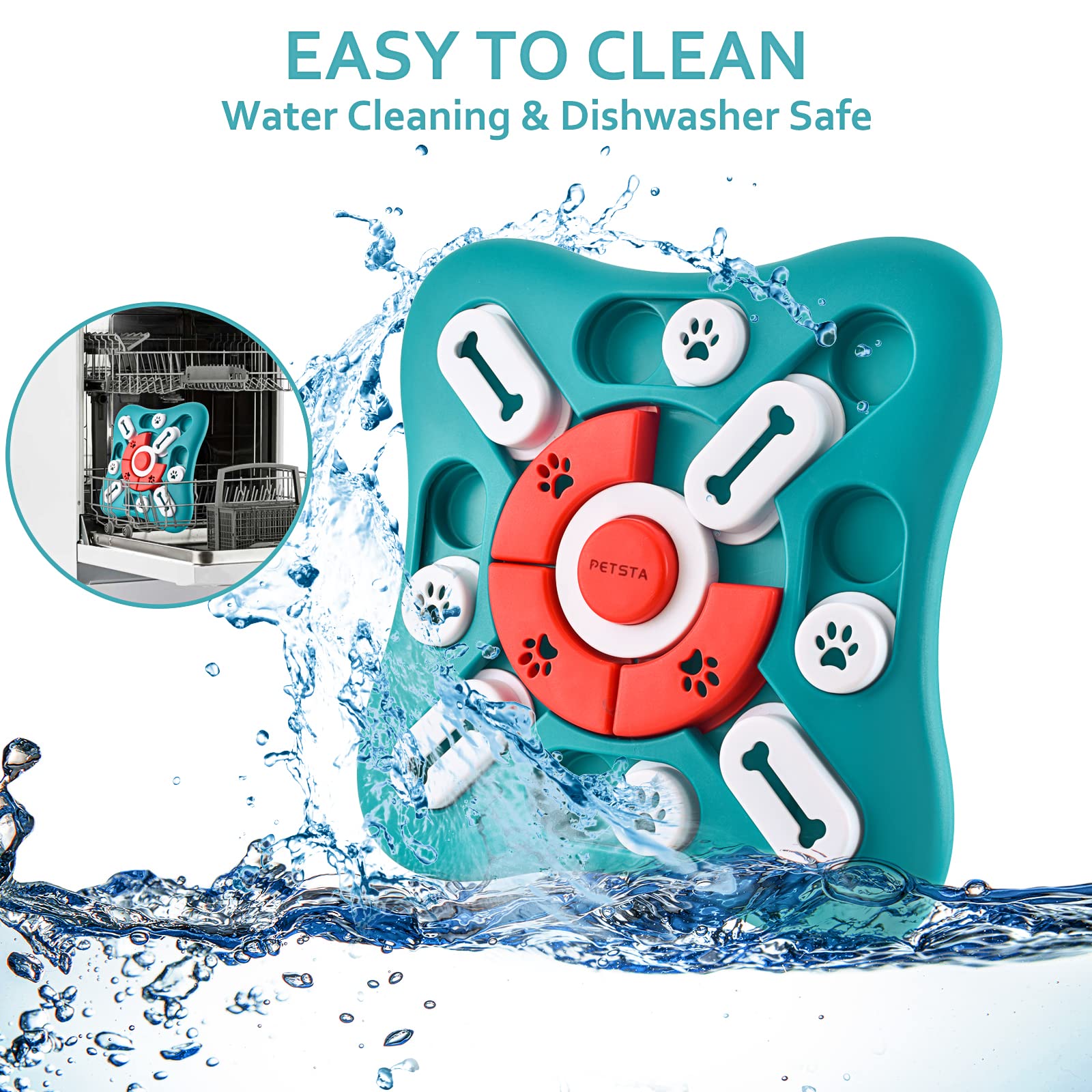 PETSTA vaisselle montrant nettoyage facile et compatibilité lave-vaisselle