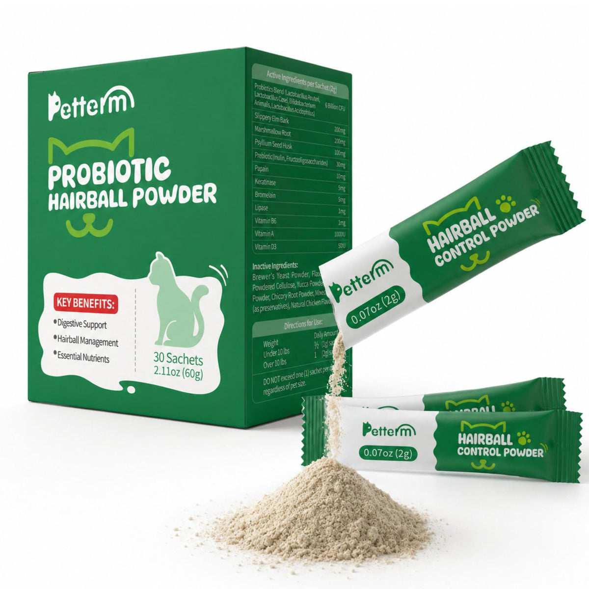 PETTERM boîte de 30 sachets montrant le packaging et l'avantage praticité