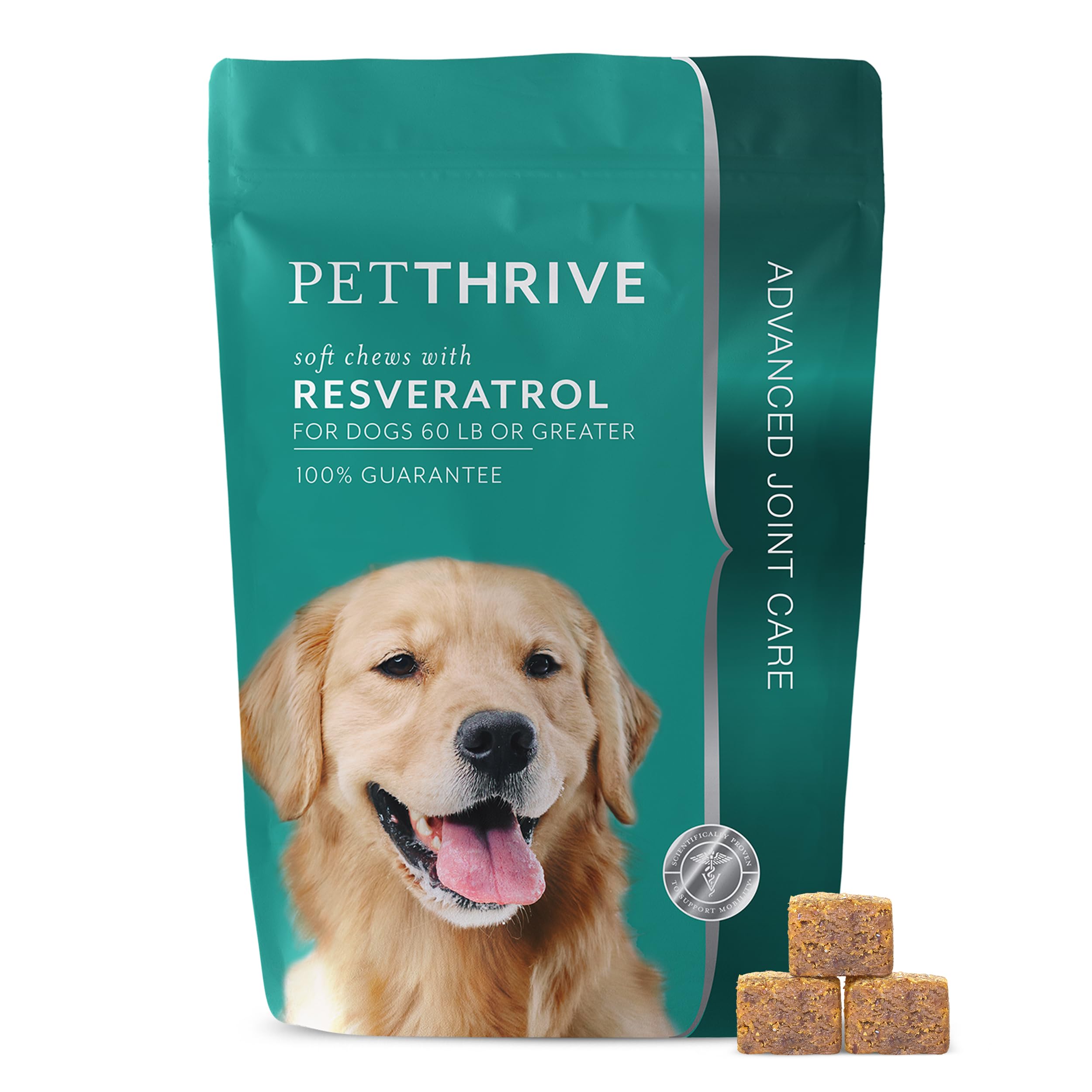 PetThrive emballage avant montrant la formule mobilité et le goût bacon