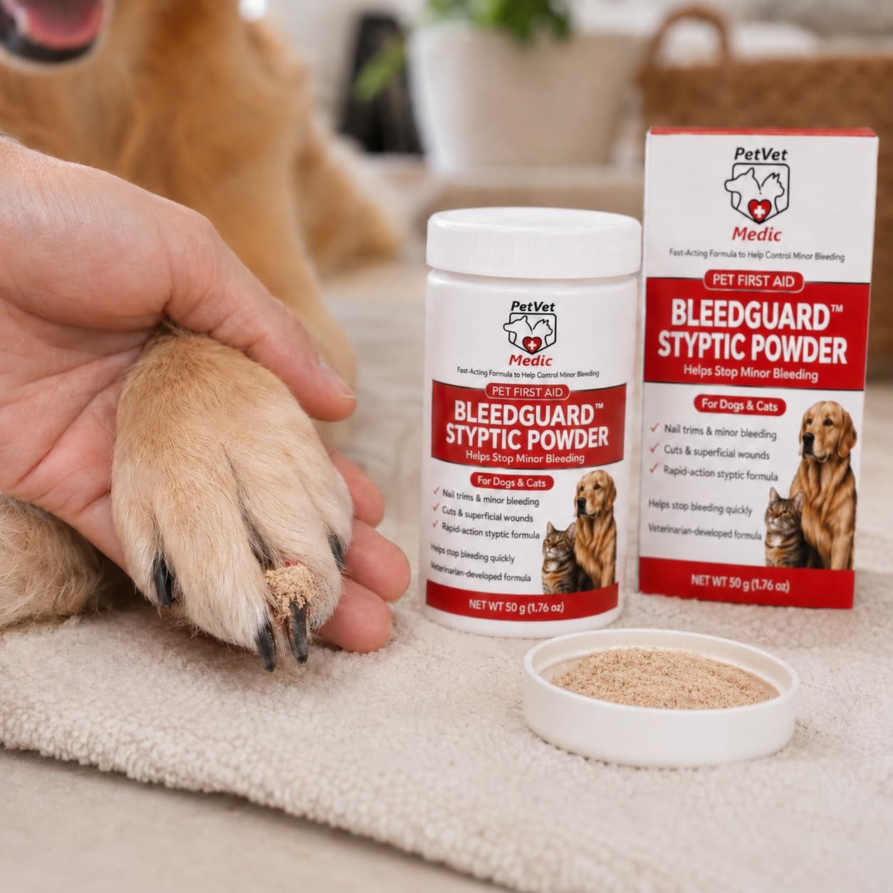 PetVet Medic application BleedGuard sur ongle de chien pour arrêt rapide du saignement