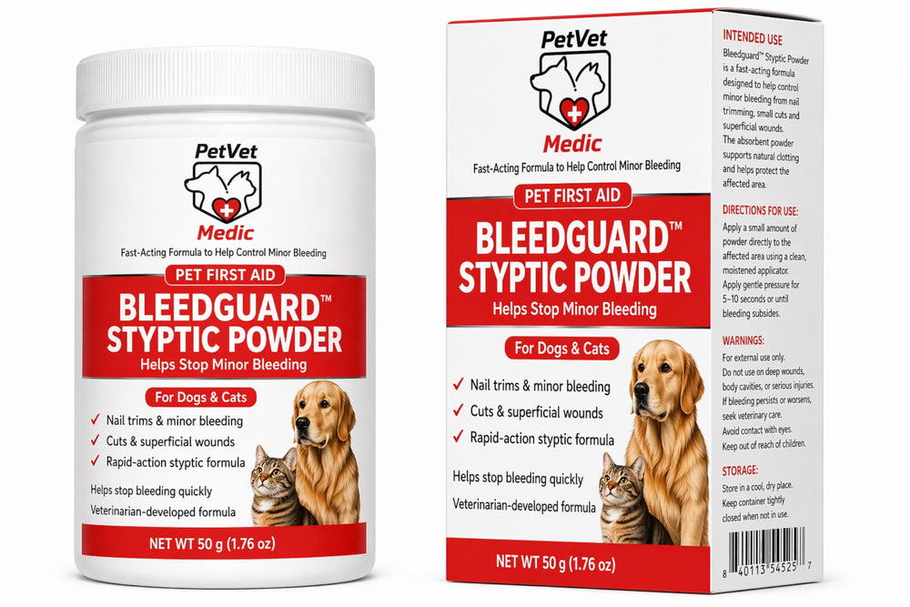 PetVet Medic pot BleedGuard 50 g montrant emballage et étiquette pour confiance