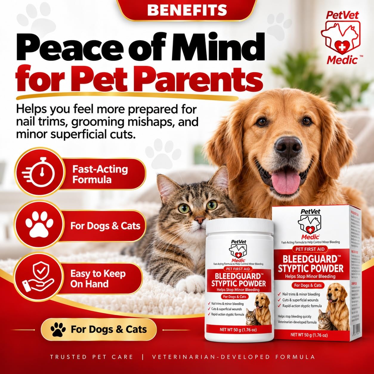 PetVet Medic pot BleedGuard tenu en main pour comparaison de taille pratique