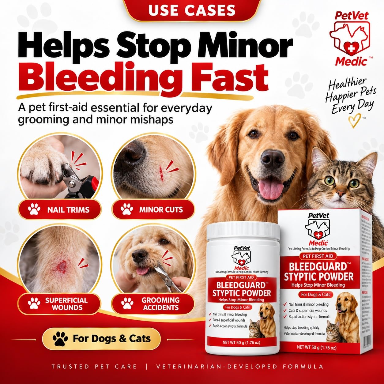 PetVet Medic poudre BleedGuard texture en gros plan montrant grain fin utile