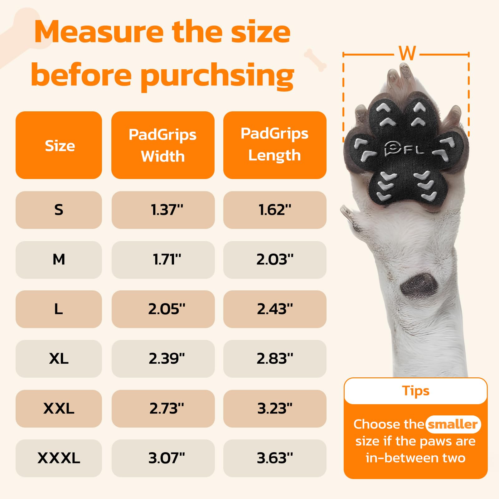 PICK FOR LIFE comparaison taille montrant un tampon sur une patte de chien