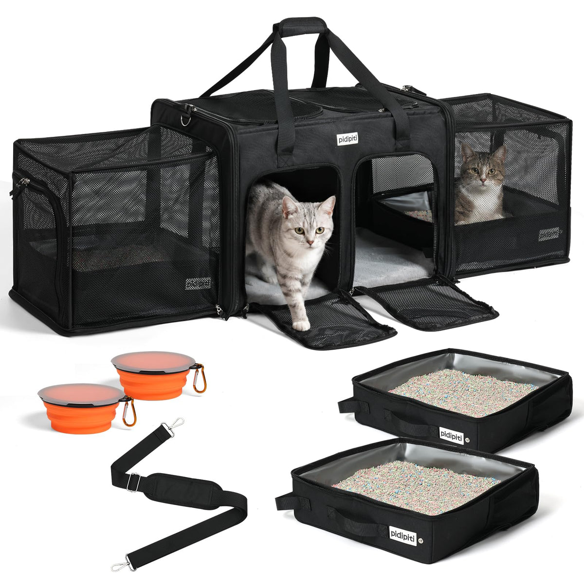 pidipiti vue avant du transporteur montrant ouverture et espaces pour deux chats, confort assuré
