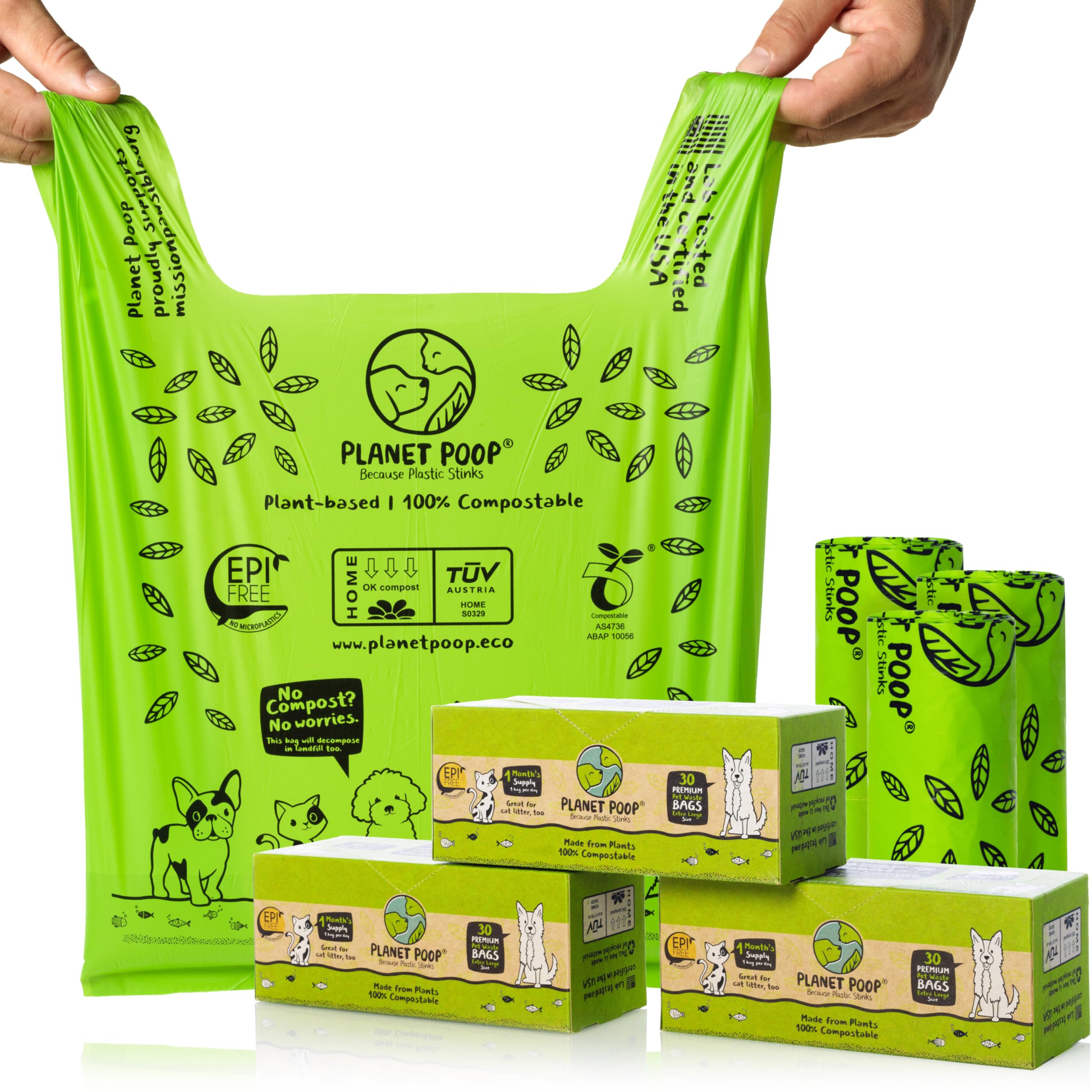 PLANET POOP paquet avant montrant 90 sacs durables et compostables