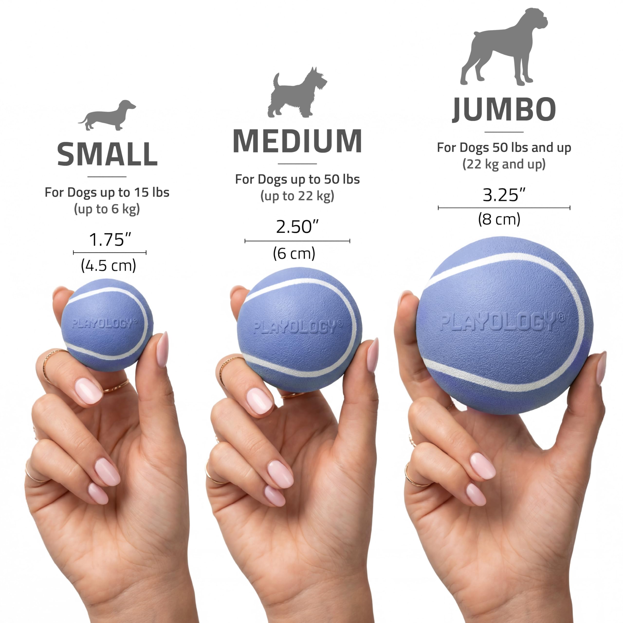 Playology balle posée à côté d’une patte, montre l’échelle et l’adaptabilité