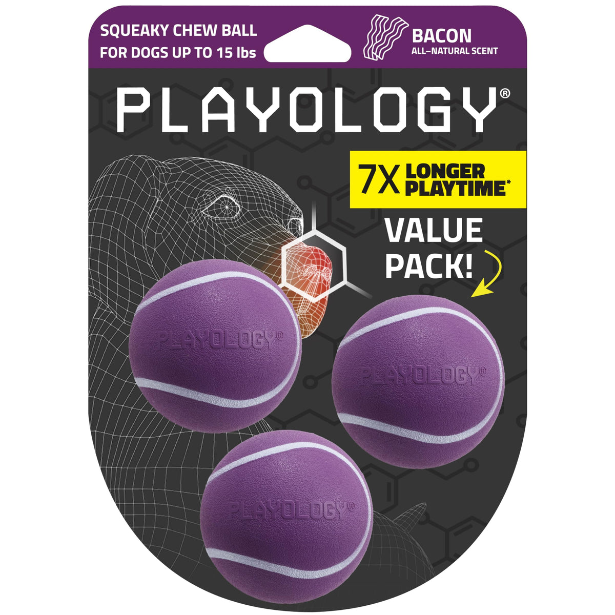 Playology balle face avant emballage montrant le lot de trois et la couleur attrayante