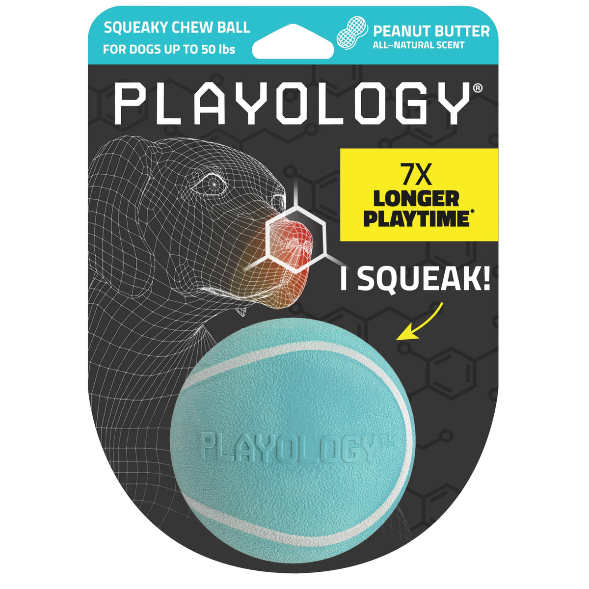 Playology balle face avant montrant forme et couinement, divertissement prolongé