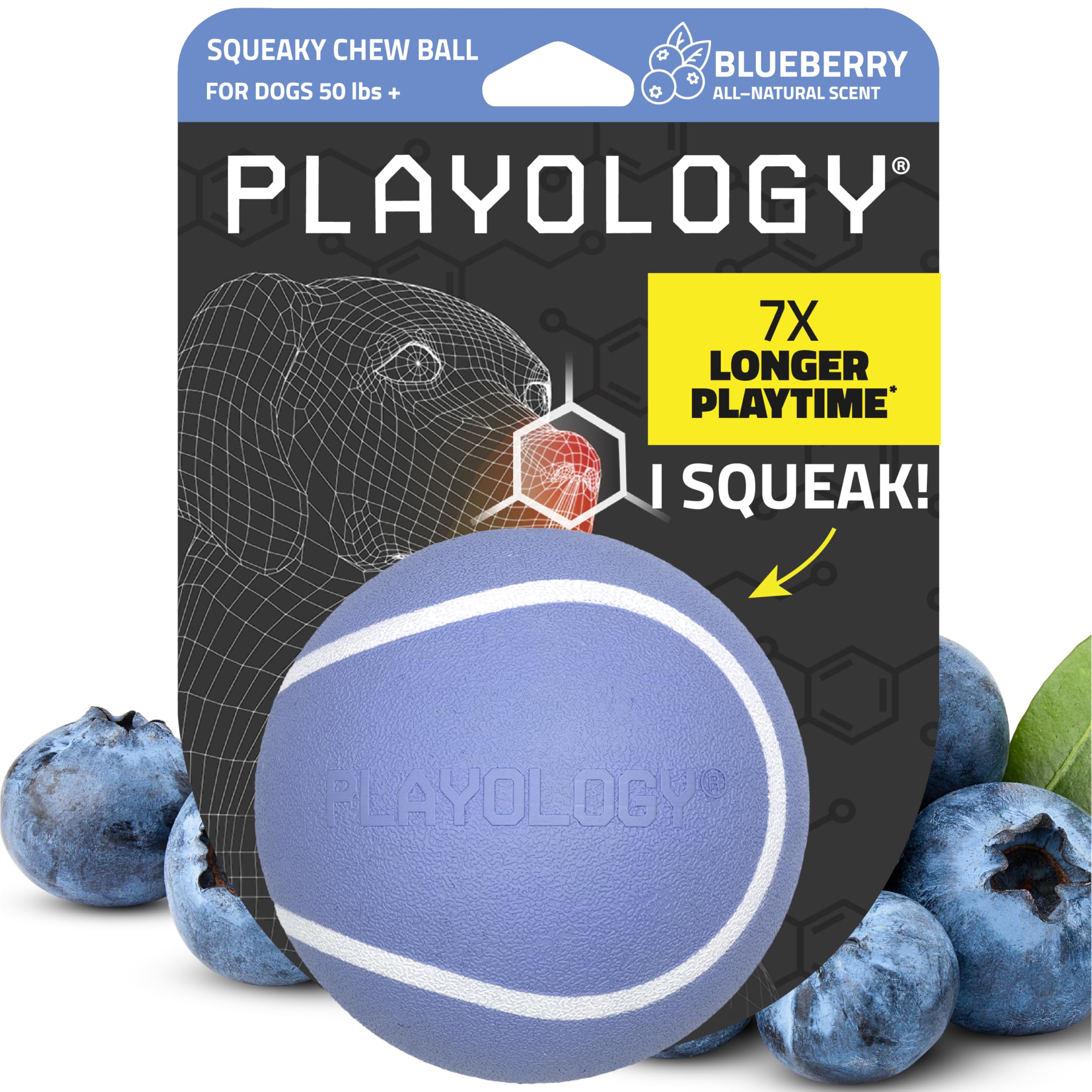 Playology balle jumbo emballage montrant la couleur et le parfum myrtille, attirant
