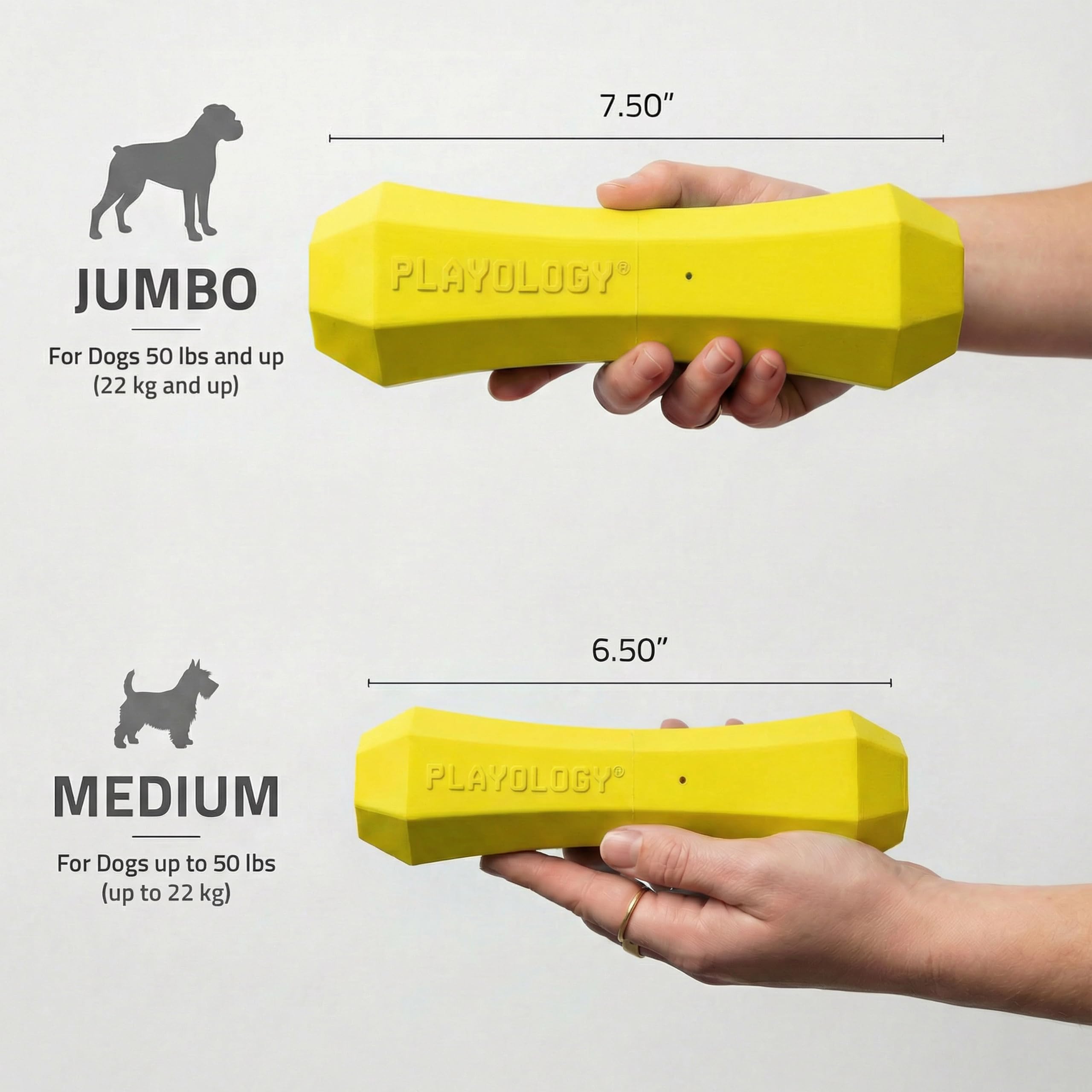 Playology Squeaky Chew Stick comparaison taille montre dimensions jumbo