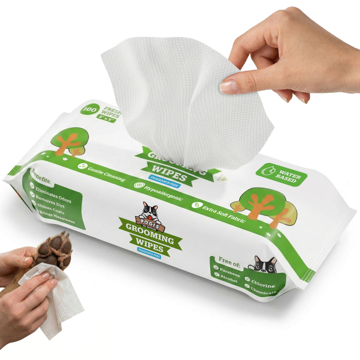 Pogi's emballage avant montrant 100 lingettes et facilité d'utilisation