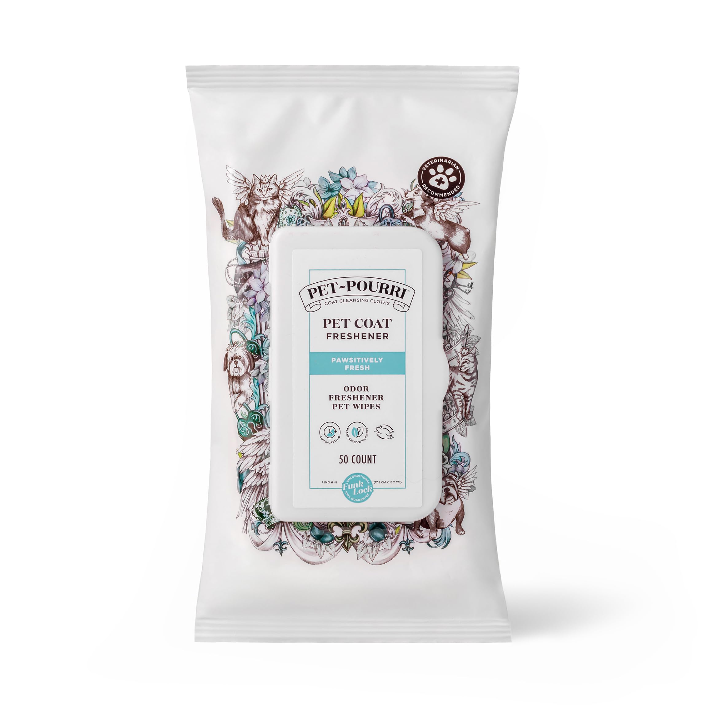 Poo‑Pourri emballage avant montrant 50 lingettes, pratique pour déplacements