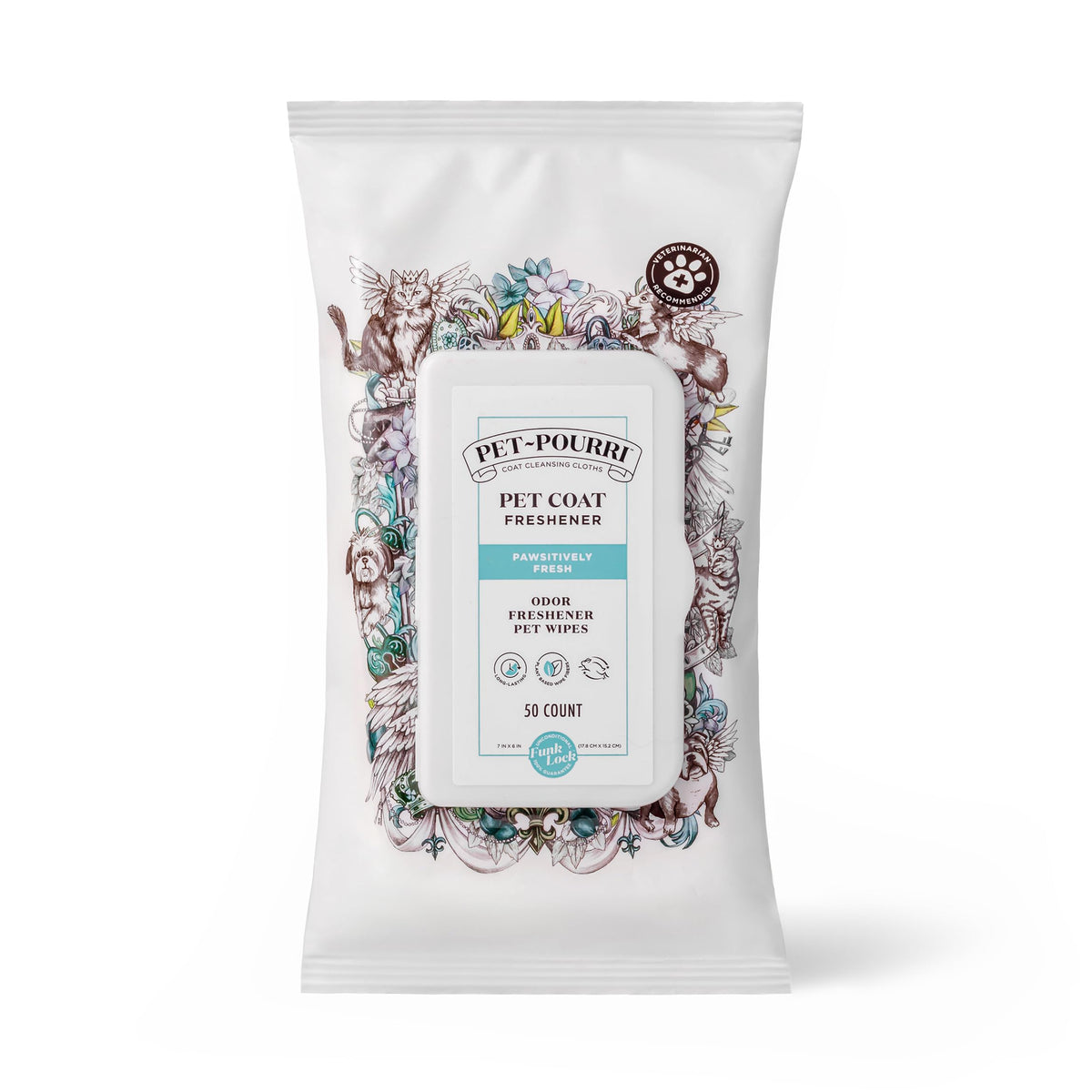 Poo‑Pourri emballage avant montrant 50 lingettes, pratique pour déplacements