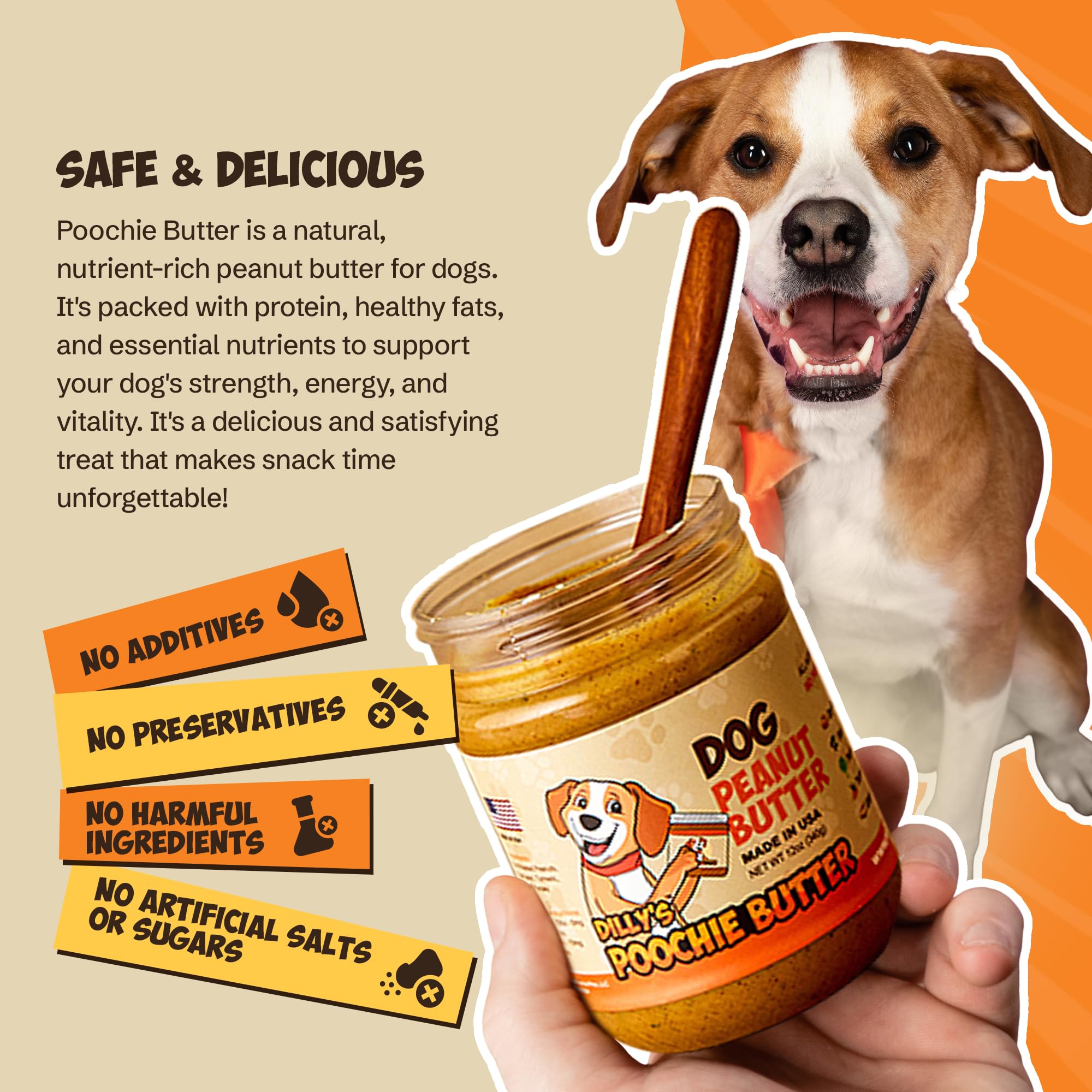 Poochie Butter pot à côté d'une main pour montrer l'échelle pratique