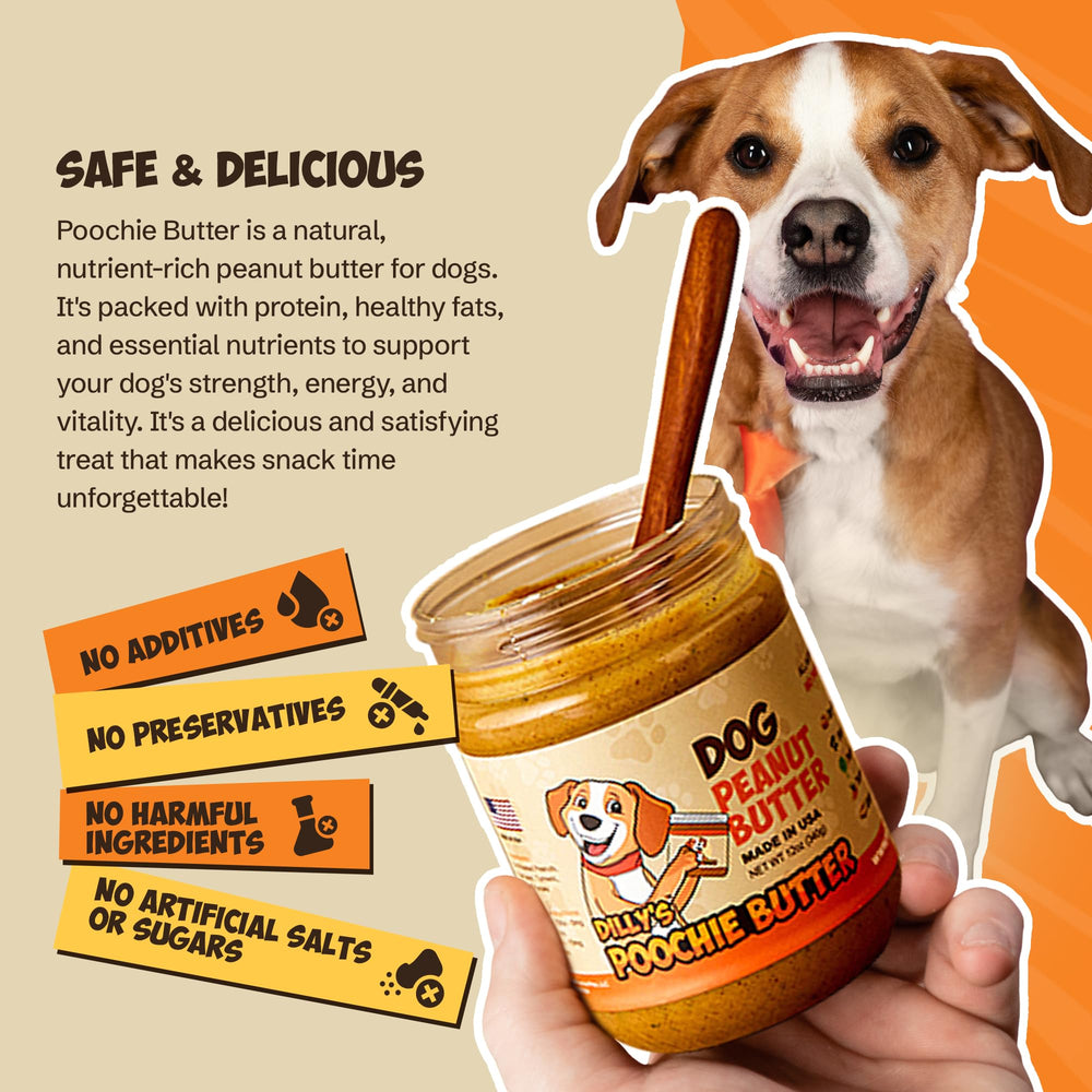 Poochie Butter pot à côté d'une main pour montrer l'échelle pratique