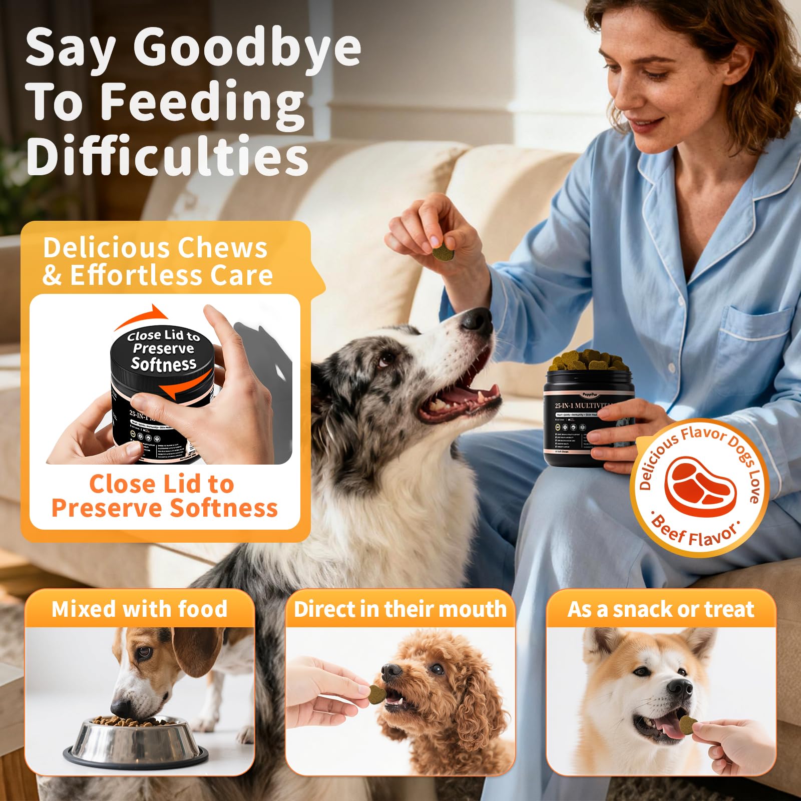 POPPAW chiens en activité illustrant soutien mobilité et énergie quotidienne