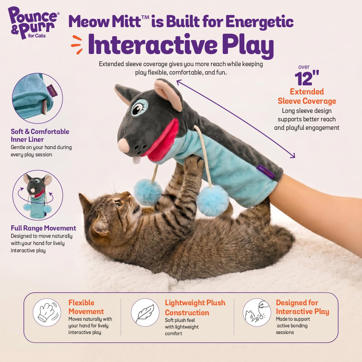 Pounce & Purr Meow Mitt détail des bras pendants qui stimulent la chasse