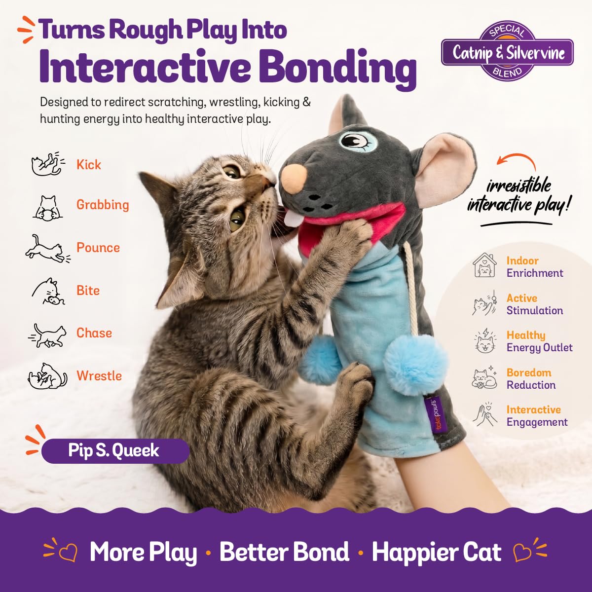 Pounce & Purr Meow Mitt en action avec chat sautant et chassant vigoureusement