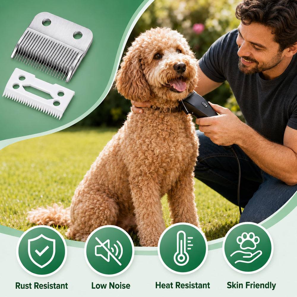 Poweka lame en usage sur chien illustrant coupe régulière et finition propre