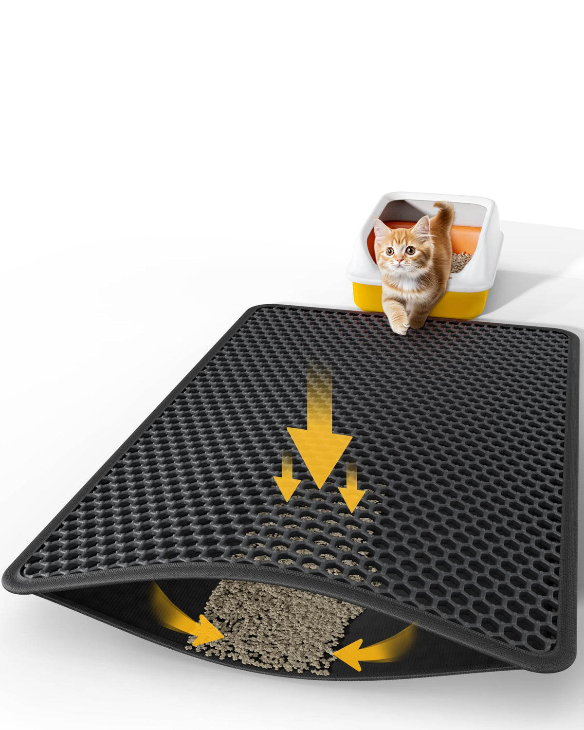 Powools tapis devant bac litière montrant capture efficace des grains et sol propre