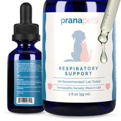 PranaPets emballage avant Respiratory Support montrant l’étiquette et avantages
