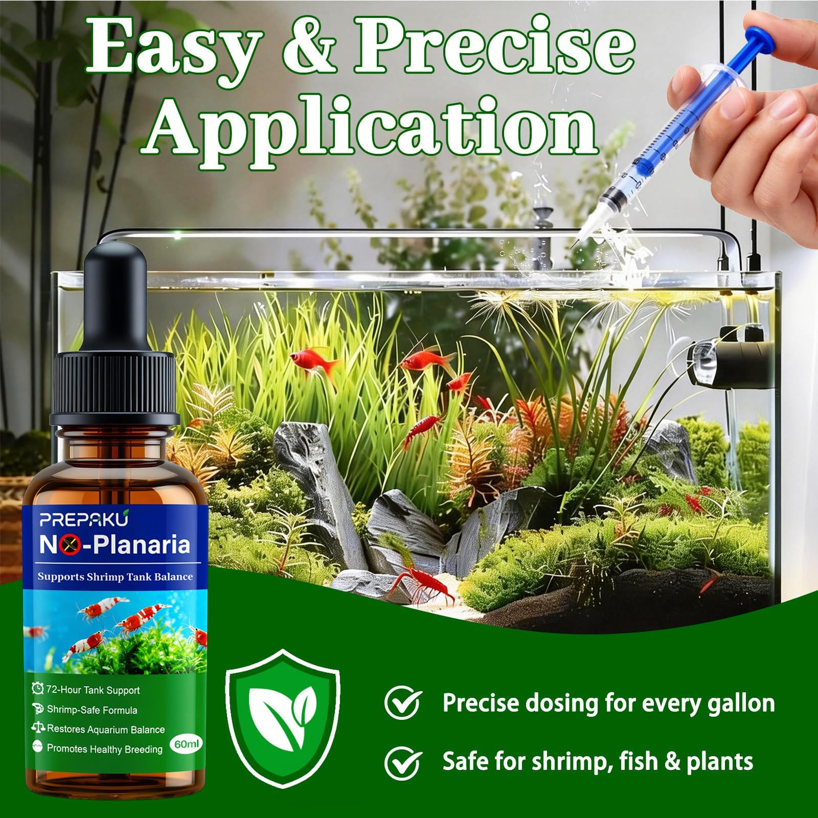 PREPAKU produit en utilisation dans bac avec crevettes et plantes saines