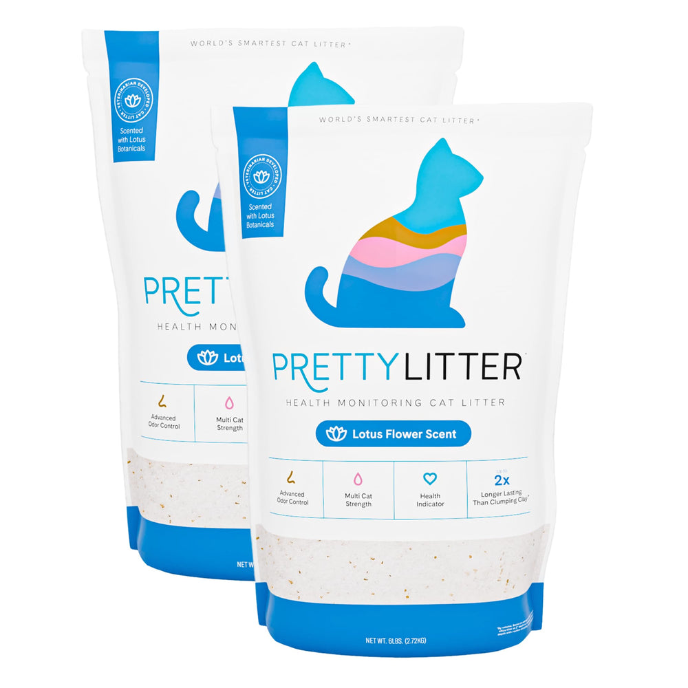 PrettyLitter emballage avant Lotus montrant 2 sacs et bénéfice praticité