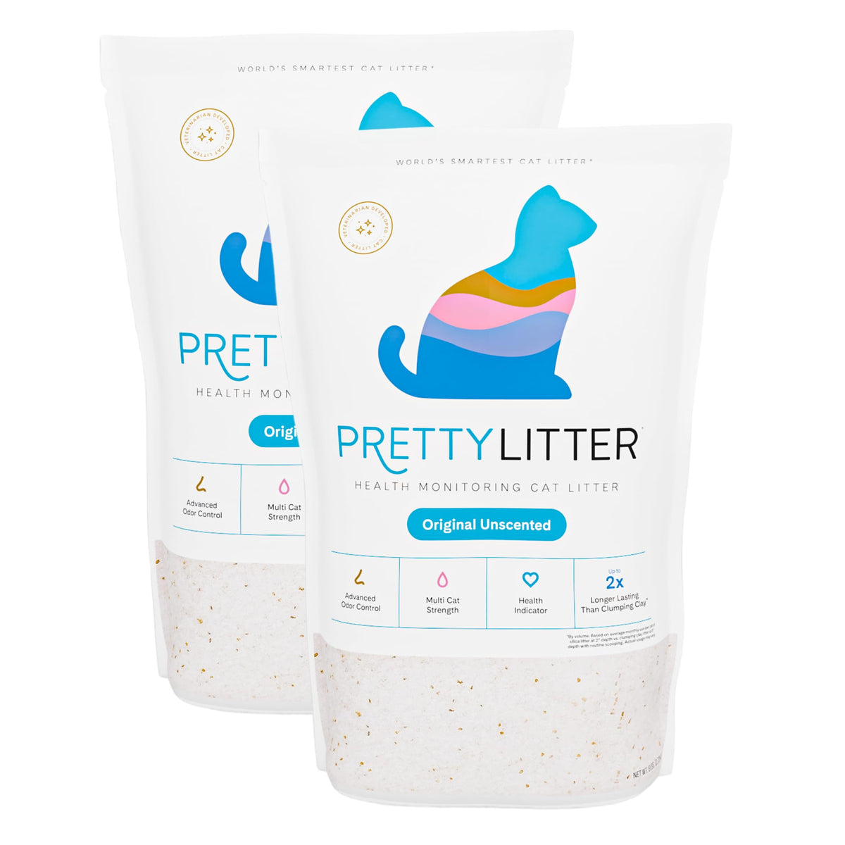 PrettyLitter emballage avant montrant lot 2 sacs et gain de place